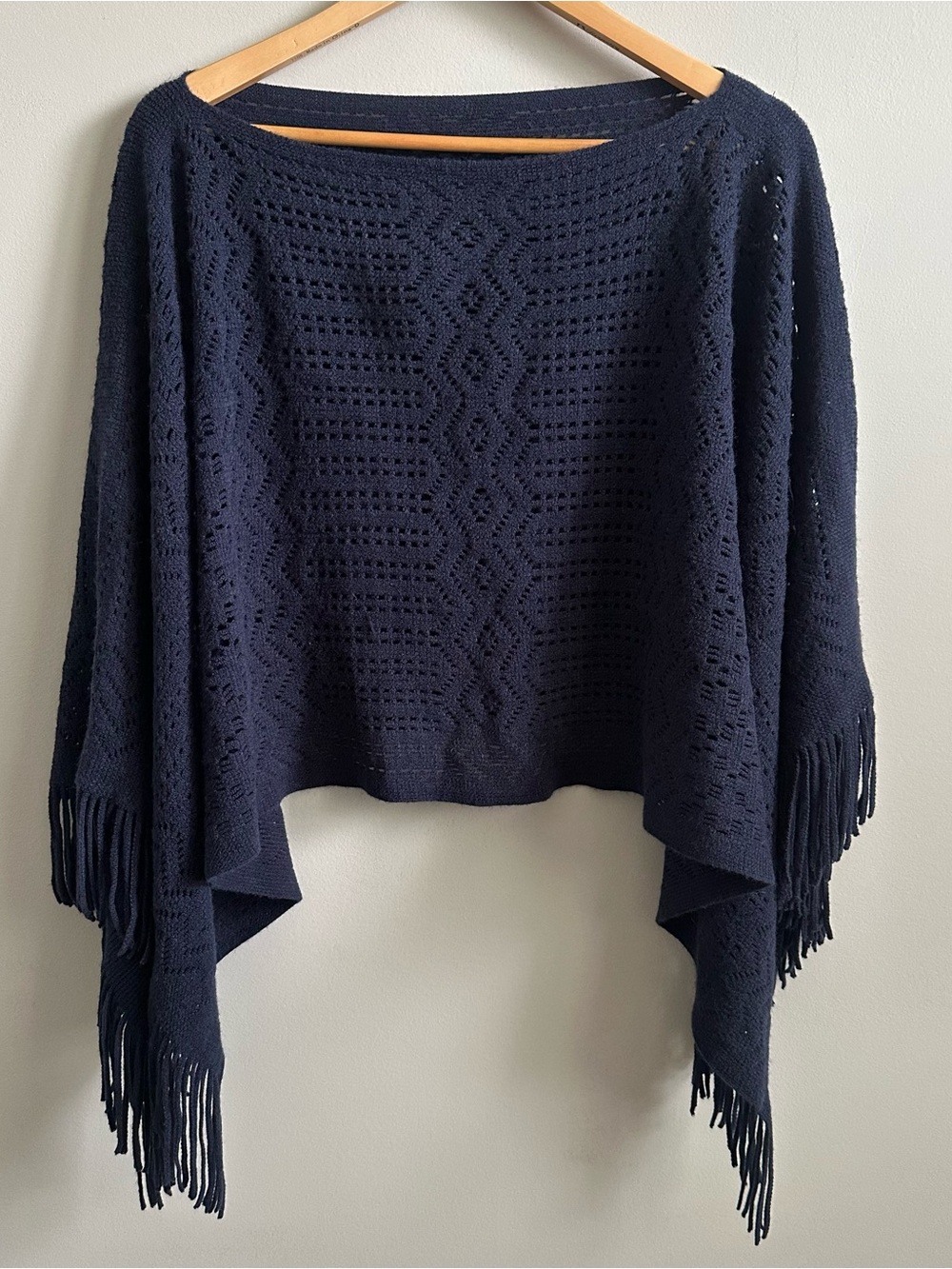 Vintage Style Navy Blue Open Knit Poncho with Fringe Hem - OS